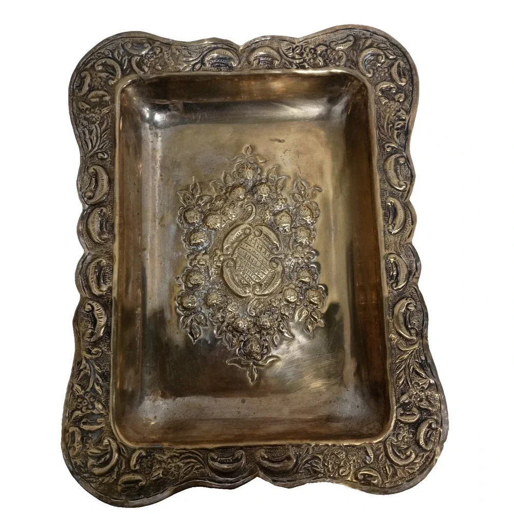Antique Late 19th Century Silverplate Patina Rectangular Tray‎ Raised Design